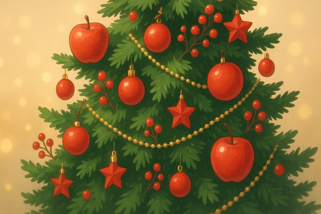 りんご、赤い飾り、クリスマスツリー、オーナメント