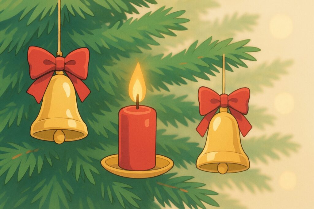 ベル、キャンドル、クリスマスツリー、オーナメント